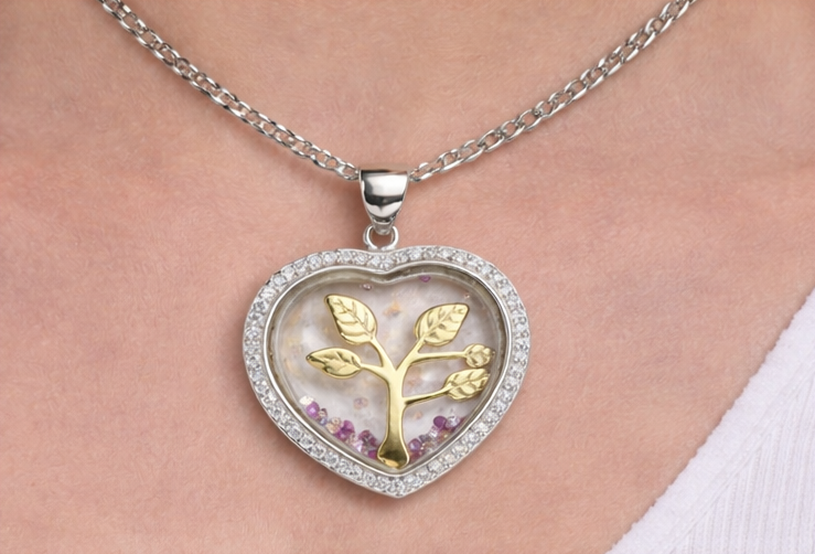 Gyary Heart Tree of Life Pendant Necklace – Silver & Gold Floating Charm with Crystal Halo