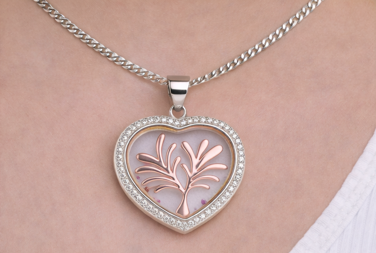Gyary Rose Gold Heart Tree of Life Pendant Necklace – Silver Crystal Halo with Floating Stones