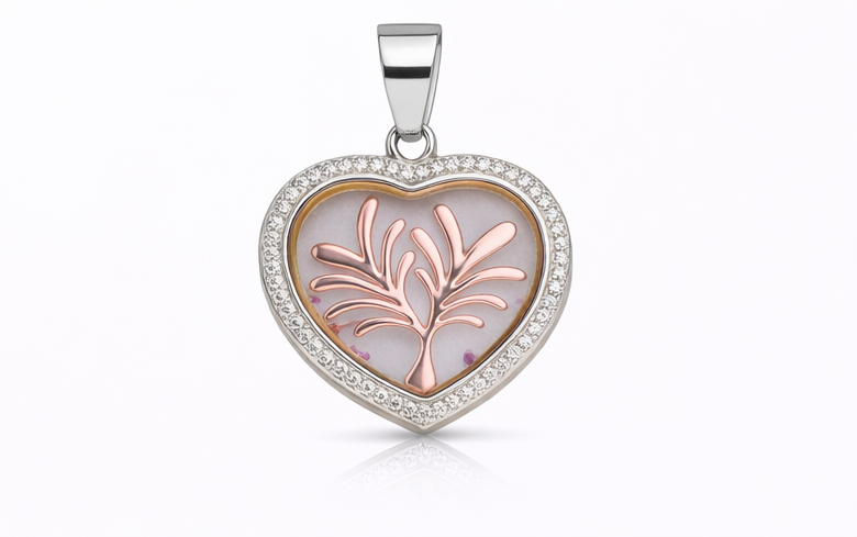 Gyary Rose Gold Heart Tree of Life Pendant Necklace – Silver Crystal Halo with Floating Stones