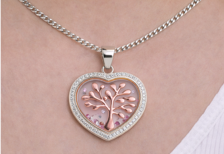 Gyary Rose Gold Blossom Tree of Life Heart Pendant Necklace – Silver Crystal Frame with Floating Gems