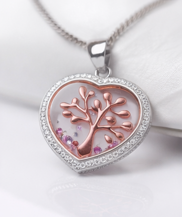 Gyary Rose Gold Blossom Tree of Life Heart Pendant Necklace – Silver Crystal Frame with Floating Gems