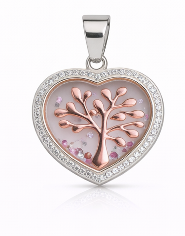 Gyary Rose Gold Blossom Tree of Life Heart Pendant Necklace – Silver Crystal Frame with Floating Gems
