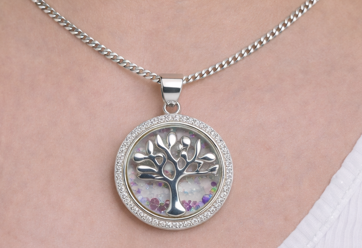 Gyary Silver Round Tree of Life Pendant Necklace – Crystal Halo Floating Charm with Multicolor Stones