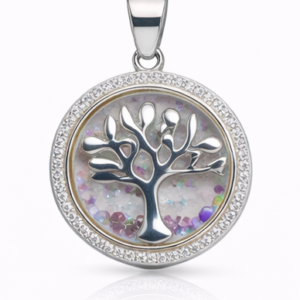 Gyary Silver Round Tree of Life Pendant Necklace – Crystal Halo Floating Charm with Multicolor Stones
