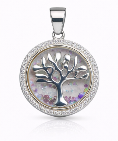 Gyary Silver Round Tree of Life Pendant Necklace – Crystal Halo Floating Charm with Multicolor Stones