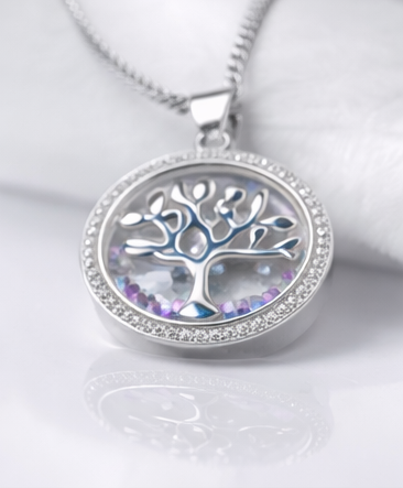 Gyary Silver Round Tree of Life Pendant Necklace – Crystal Halo Floating Charm with Multicolor Stones