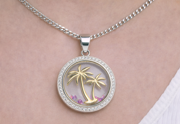 Gyary Gold Palm Tree Round Pendant Necklace – Silver Crystal Halo with Floating Stones