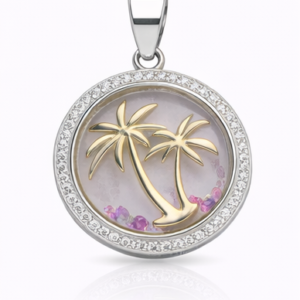 Gyary Gold Palm Tree Round Pendant Necklace – Silver Crystal Halo with Floating Stones