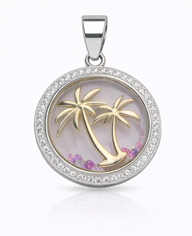 Gyary Gold Palm Tree Round Pendant Necklace – Silver Crystal Halo with Floating Stones