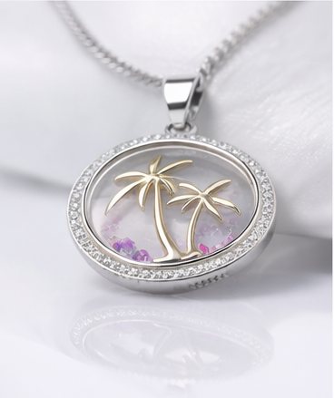 Gyary Gold Palm Tree Round Pendant Necklace – Silver Crystal Halo with Floating Stones