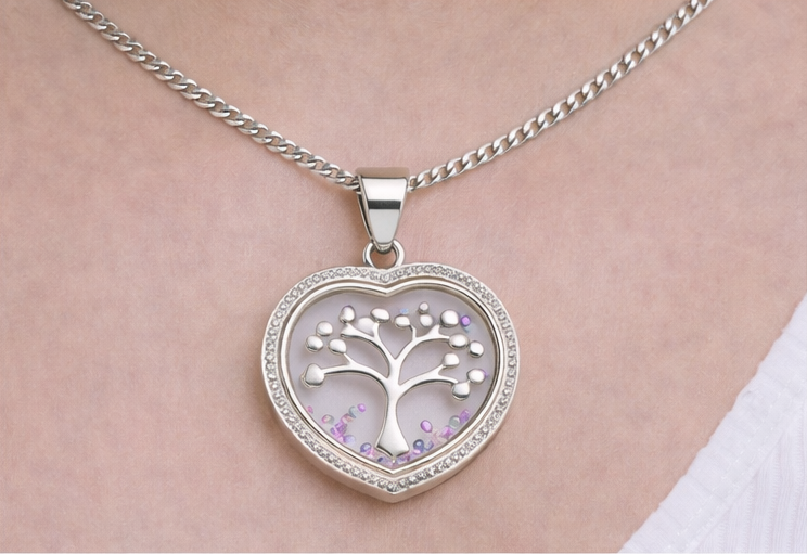 Gyary Silver Heart Tree of Life Pendant Necklace – Crystal Edge Floating Charm with Multicolor Stones