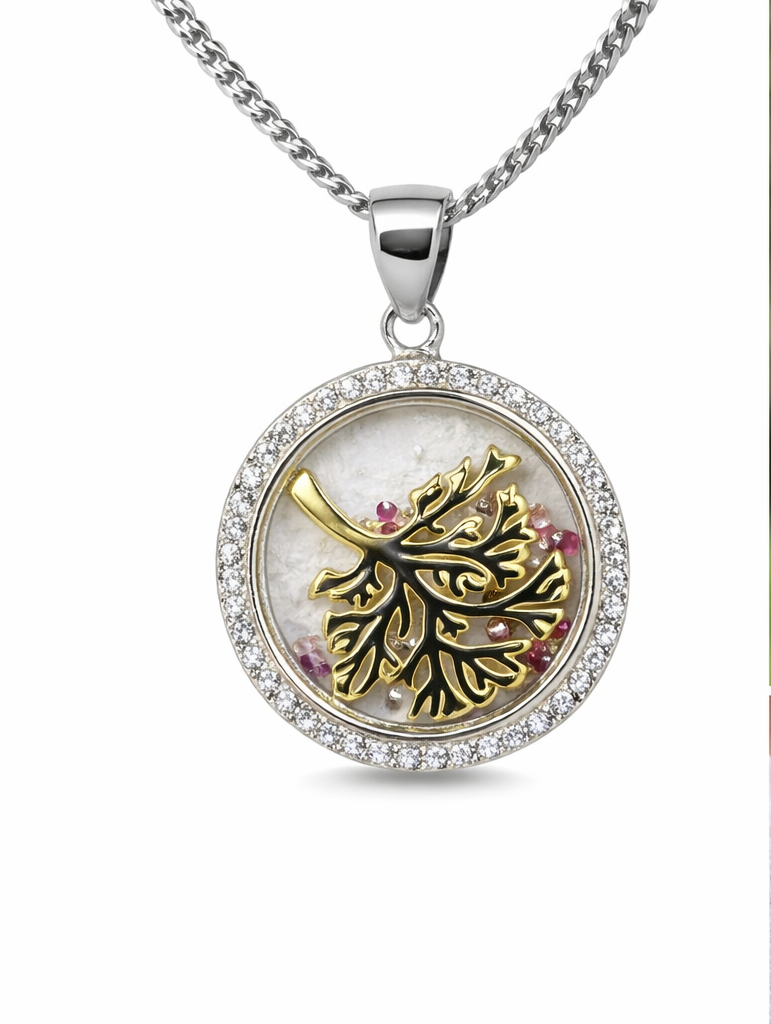 Gyary Gold Leaf Round Pendant Necklace – Silver Crystal Halo Floating Charm with Multicolor Stones