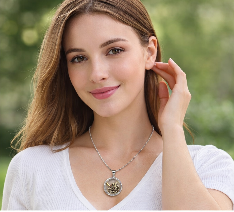Gyary Gold Leaf Round Pendant Necklace – Silver Crystal Halo Floating Charm with Multicolor Stones