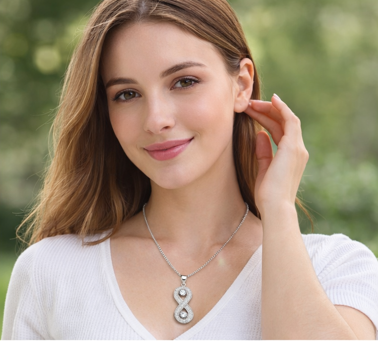 Gyary Infinity Crystal Pendant Necklace – Silver Cubic Zirconia Infinity Charm with Dual Stones