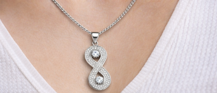 Gyary Infinity Crystal Pendant Necklace – Silver Cubic Zirconia Infinity Charm with Dual Stones