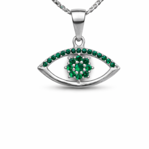 Gyary Green Evil Eye Pendant Necklace – Silver Eye Charm with Emerald Cubic Zirconia Crystals