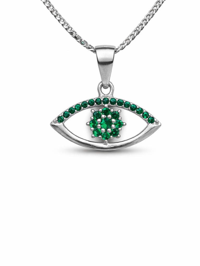 Gyary Green Evil Eye Pendant Necklace – Silver Eye Charm with Emerald Cubic Zirconia Crystals