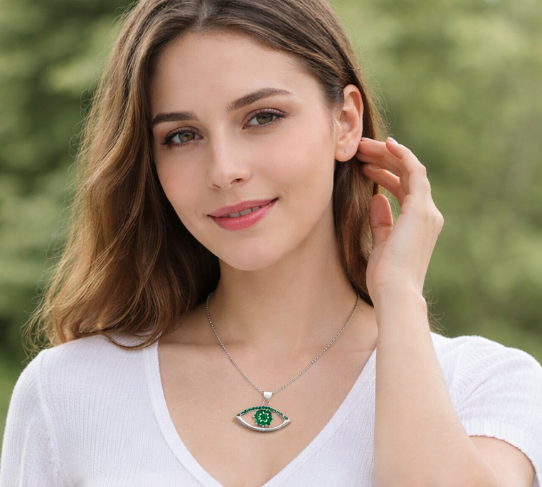 Gyary Green Evil Eye Pendant Necklace – Silver Eye Charm with Emerald Cubic Zirconia Crystals