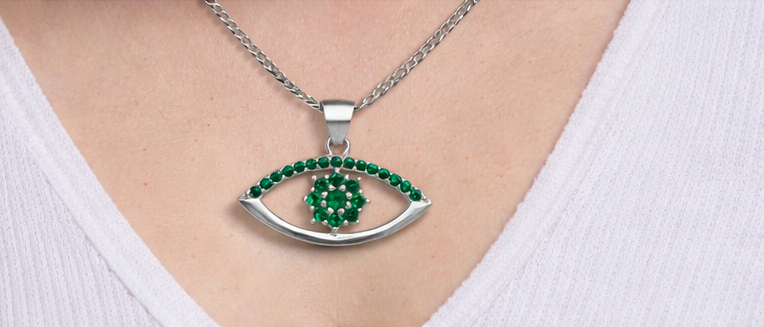 Gyary Green Evil Eye Pendant Necklace – Silver Eye Charm with Emerald Cubic Zirconia Crystals