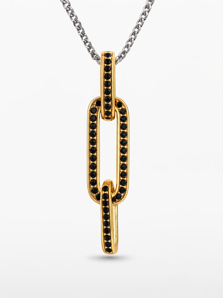 Gyary Gold Link Pendant – Black Crystal Paperclip Charm with Pavé Stones