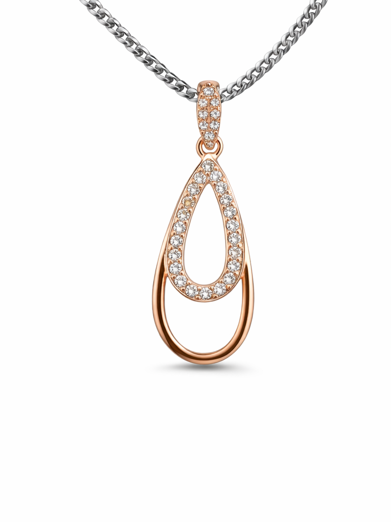 Gyary Rose Gold Teardrop Pendant Necklace – Double Drop Crystal Charm with Pavé Cubic Zirconia