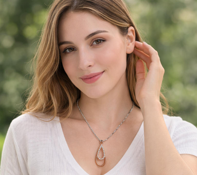Gyary Rose Gold Teardrop Pendant Necklace – Double Drop Crystal Charm with Pavé Cubic Zirconia