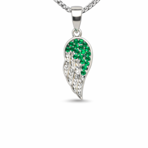 Gyary Green Angel Wing Pendant Necklace – Silver Wing Charm with Emerald Cubic Zirconia