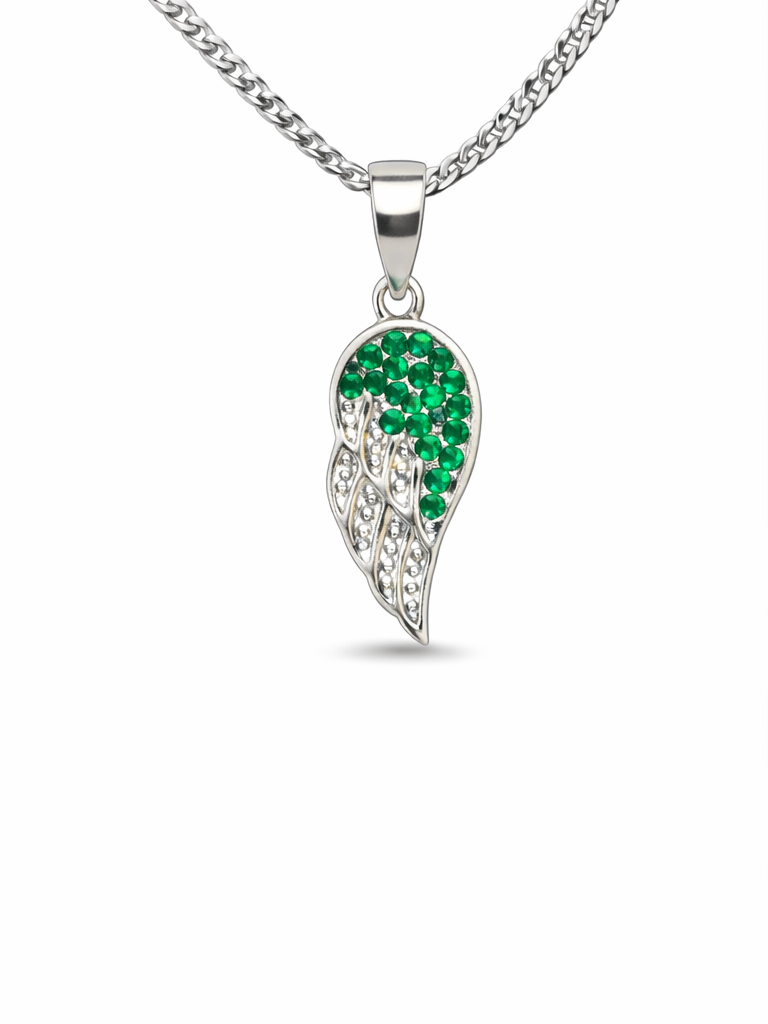 Gyary Green Angel Wing Pendant Necklace – Silver Wing Charm with Emerald Cubic Zirconia