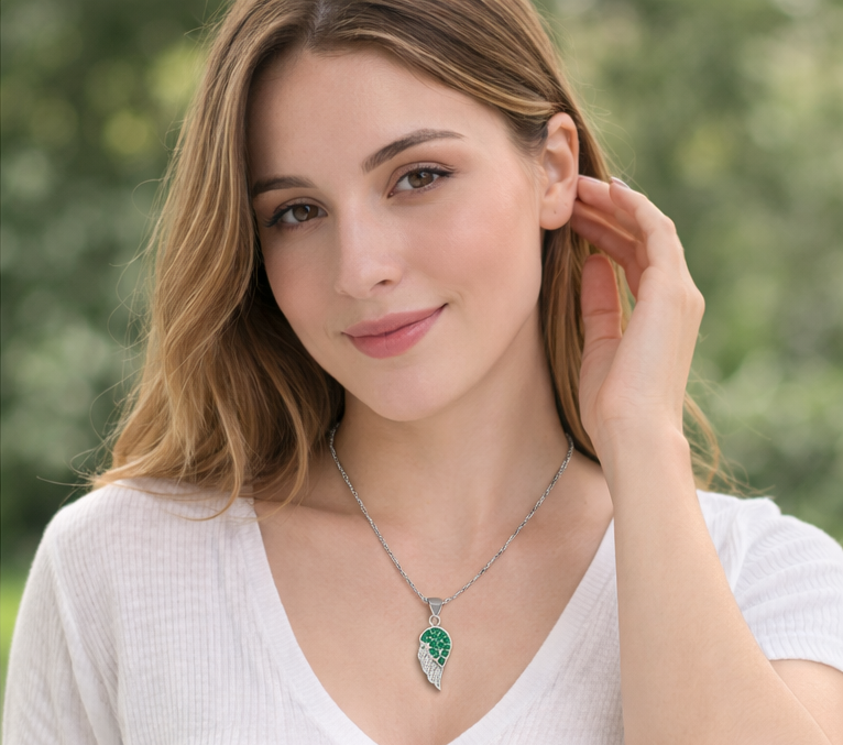 Gyary Green Angel Wing Pendant Necklace – Silver Wing Charm with Emerald Cubic Zirconia