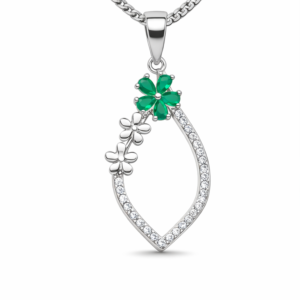 Gyary Green Floral Teardrop Pendant Necklace – Silver Open Drop with Crystal Accents