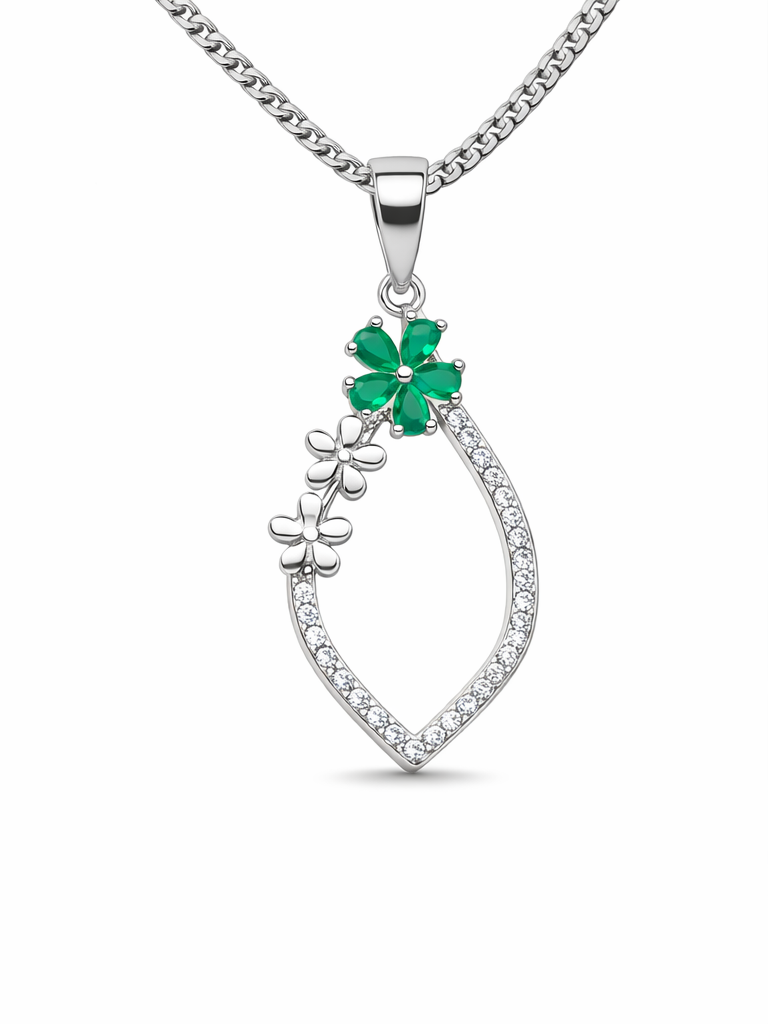 Gyary Green Floral Teardrop Pendant Necklace – Silver Open Drop with Crystal Accents