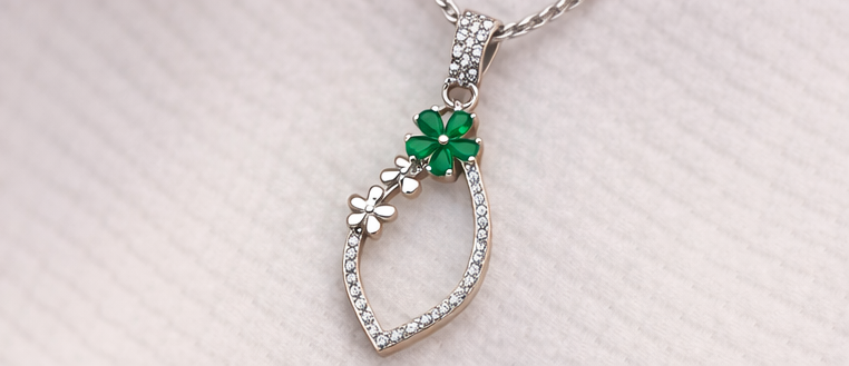 Gyary Green Floral Teardrop Pendant Necklace – Silver Open Drop with Crystal Accents