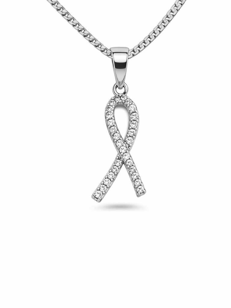 Gyary Silver Awareness Ribbon Pendant Necklace – Crystal Pavé Ribbon Charm