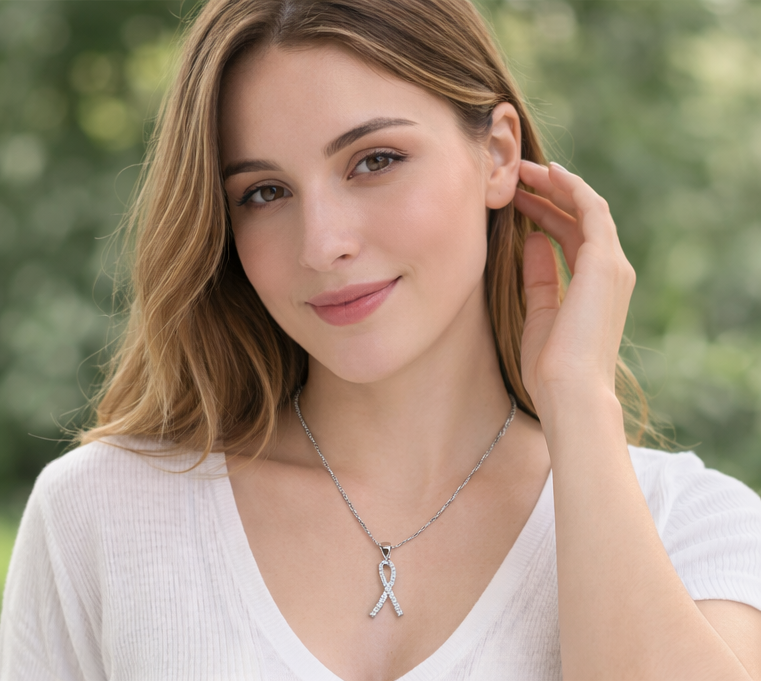 Gyary Silver Awareness Ribbon Pendant Necklace – Crystal Pavé Ribbon Charm