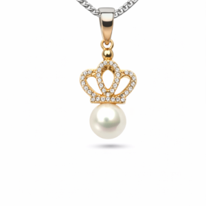 Gyary Gold Crown Pearl Pendant Necklace – Crystal Crown Charm with White Pearl Drop