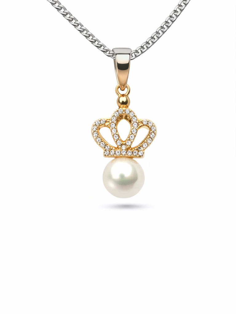 Gyary Gold Crown Pearl Pendant Necklace – Crystal Crown Charm with White Pearl Drop
