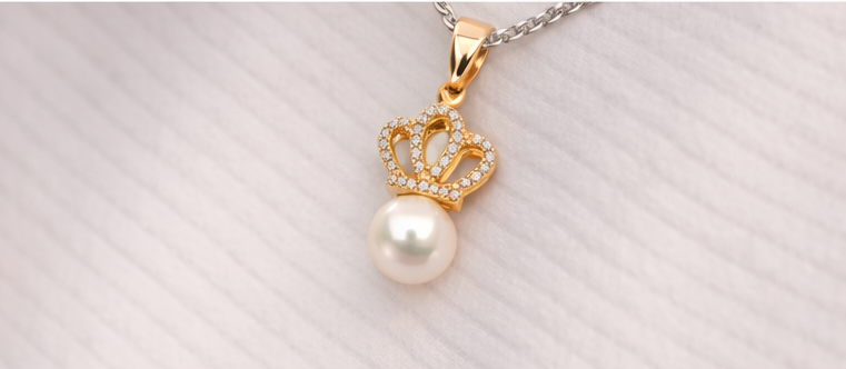 Gyary Gold Crown Pearl Pendant Necklace – Crystal Crown Charm with White Pearl Drop