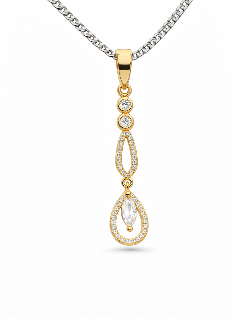 Gyary Gold Double Teardrop Pendant – Marquise Crystal Drop Charm with Pavé Stones