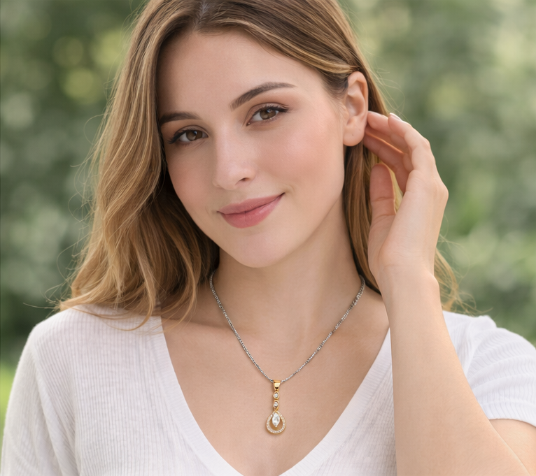 Gyary Gold Double Teardrop Pendant – Marquise Crystal Drop Charm with Pavé Stones