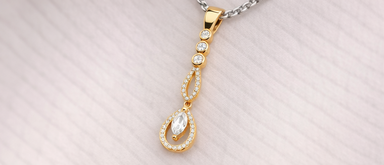 Gyary Gold Double Teardrop Pendant – Marquise Crystal Drop Charm with Pavé Stones