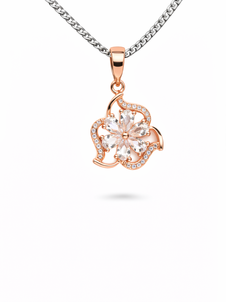 Gyary Rose Gold Floral Crystal Pendant – Sparkling Flower Charm with Pavé Detail