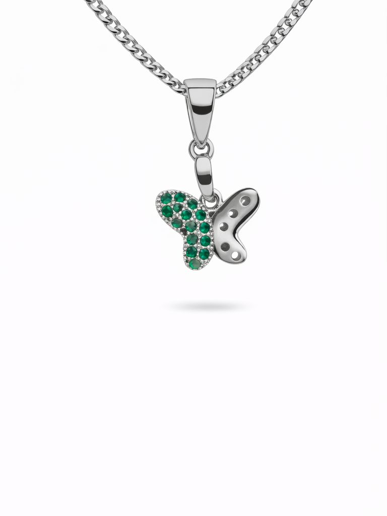 Gyary Silver Butterfly Pendant – Green Crystal Pavé Charm Necklace