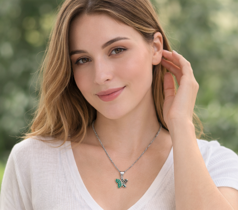 Gyary Silver Butterfly Pendant – Green Crystal Pavé Charm Necklace