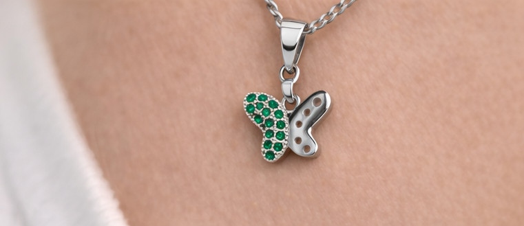 Gyary Silver Butterfly Pendant – Green Crystal Pavé Charm Necklace