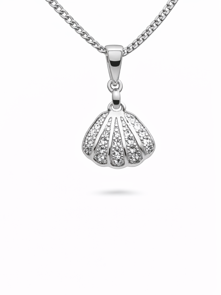 Gyary Silver Seashell Crystal Pendant Necklace – Pavé Shell Charm