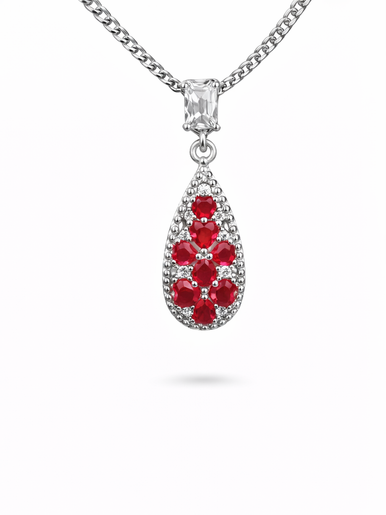 Gyary Silver Red Teardrop Crystal Necklace – Ruby-Inspired Floral Drop Pendant