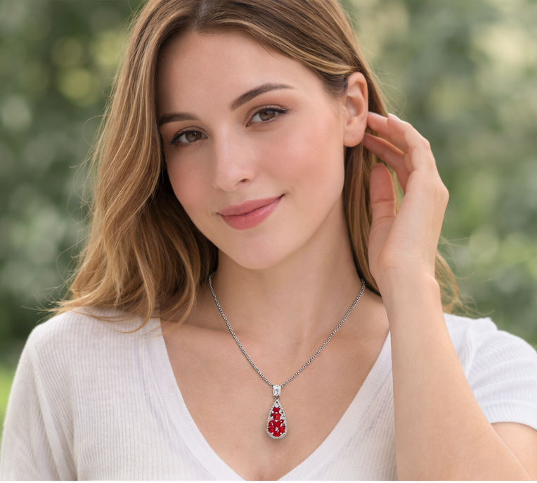 Gyary Silver Red Teardrop Crystal Necklace – Ruby-Inspired Floral Drop Pendant
