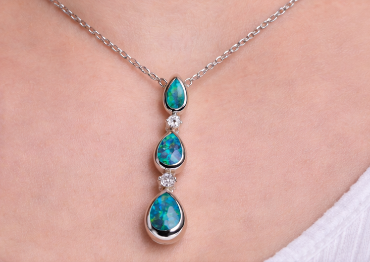 Gyary Silver Blue-Green Opal Teardrop Necklace – Triple Drop Crystal Accent Pendant