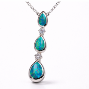Gyary Silver Blue-Green Opal Teardrop Necklace – Triple Drop Crystal Accent Pendant