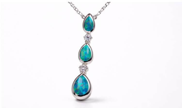 Gyary Silver Blue-Green Opal Teardrop Necklace – Triple Drop Crystal Accent Pendant